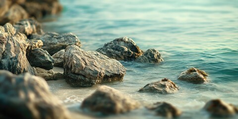 Poster - Serene seashore rocks with soft waves gently lapping at the sandy beach captured in shades of grey and blue with a blurred background effect.