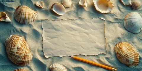 Poster - Seashells scattered on light sandy background framing a wrinkled sheet of paper and a yellow pencil positioned on the right side of the paper