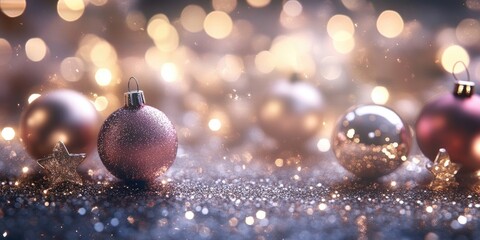 Poster - Elegant New Year setting with shimmering gold and pink ornaments, soft bokeh orbs in warm tones, wide arrangement with star accents.