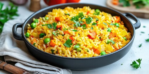 Poster - Vibrant vegetable rice in a black serving dish with green parsley on top surrounded by colorful ingredients on a light background