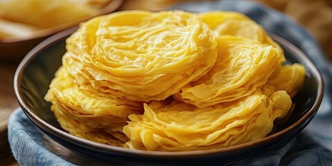 Poster - Freshly made golden yellow layered flatbreads arranged in a bowl with a soft blue cloth background, showcasing a warm, inviting texture.