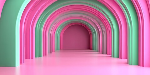 Poster - Colorful retro arches in soft pink and mint green create a spacious, vibrant backdrop with a smooth reflective floor, ideal for modern design projects.