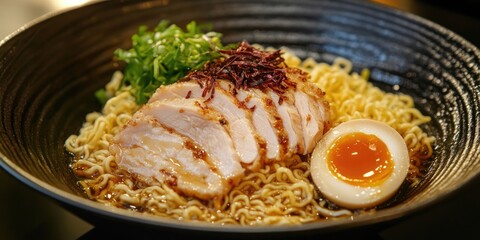Aufkleber - Steamed chicken slices beautifully arranged over instant ramen noodles in a black bowl with a soft-boiled egg and vibrant green onions garnishing.