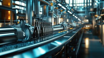 Poster - A high-speed production line with milk bottles being filled and sealed, captured in a bustling dairy factory, illustrating the modern manufacturing process.
