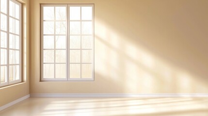 Poster - Soft rays of sunlight stream through large windows, creating a tranquil atmosphere in a minimalist room. The warm beige walls enhance the sense of peace and possibilities