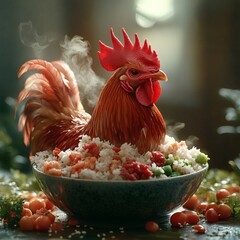Fototapete - Ultrarealistic side view of featherless rooster in a bowl of rice and vegetables steam rising in a hyperdetailed 3D 8K UHD scene with a dark outoffocus background