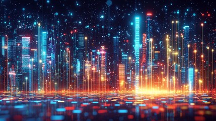 Aufkleber - Futuristic city skyline, digital data streams, glowing lights, night scene, tech background