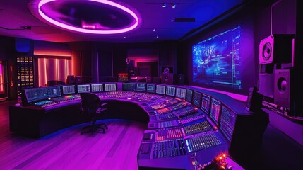 Leinwandbilder - A high-tech control room with digital data streams descending from a circular projection, lighting up the space with glowing consoles and advanced equipment.
