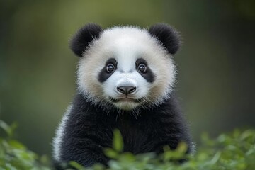 Poster - Cute baby panda exploring its natural habitat in a lush green environment during the daytime