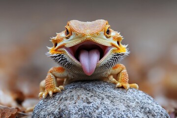 Aufkleber - Bearded dragon resting on a rock with tongue out in a natural setting during daylight