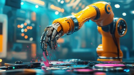 Poster - A high-tech robotic arm painting car parts with colorful sprays, emphasizing the precision and automation involved in vehicle manufacturing processes.