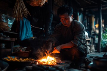 Poster - Crafting traditional tools in a dimly lit workshop in rural Asia during late afternoon