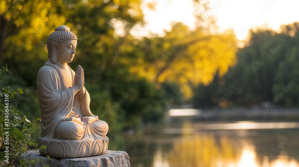 Buddha statue by tranquil pond in garden setting. Perfect for ...
