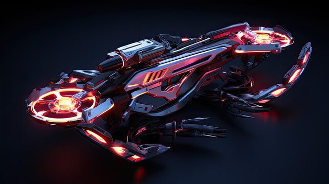 Futuristic spaceship design with red glowing lights, 3D rendering
