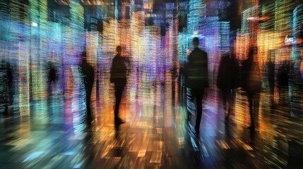 Poster - A holographic display of stock prices flows dynamically, interwoven with city silhouettes, symbolizing the fast-paced financial markets in a chaotic light.