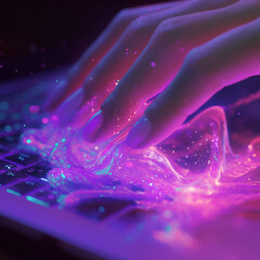 Poster - Digital Touch: A close-up shot shows a hand interacting with a glowing, ethereal substance that is seeping through a keyboard, emphasizing the intersection of technology and human touch.