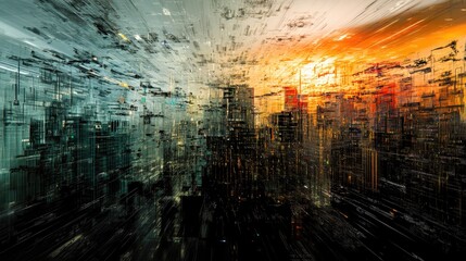 Poster - A holographic display of stock prices flows dynamically, interwoven with city silhouettes, symbolizing the fast-paced financial markets in a chaotic light.