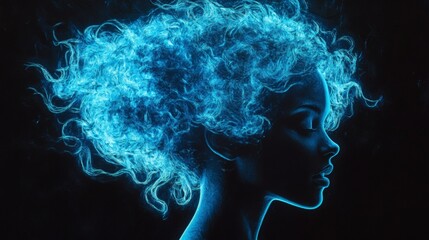 Fototapete - Vibrant ultrarealistic silhouette of woman's head with glowing turquoise neon hair set against a jetblack background emphasizing the extreme glow and intricate details