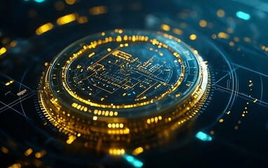 Poster - Futuristic tech circuit; digital gold core; glowing network; abstract background; tech illustration