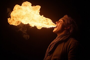 Poster - Fire performer showcases impressive flame breathing skill during nighttime performance at an outdoor festival