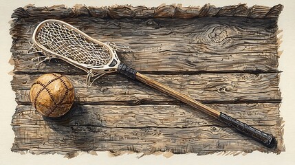 Sticker - Vintage Lacrosse Stick and Ball on Rustic Wooden Background.