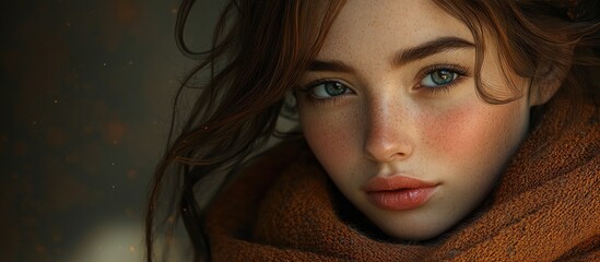 Wall Mural - Young woman with long brown hair and striking blue eyes, wearing a cozy brown scarf, captured in soft light against a dark background.