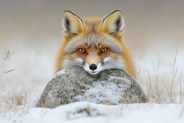 Poster - Red fox resting on a snow-covered rock in a serene winter landscape during twilight hours