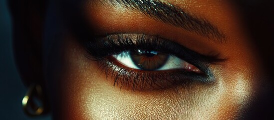 Wall Mural - Close-up of a woman's eye capturing intricate details in rich brown tones with dramatic lighting emphasizing emotions in a creative composition