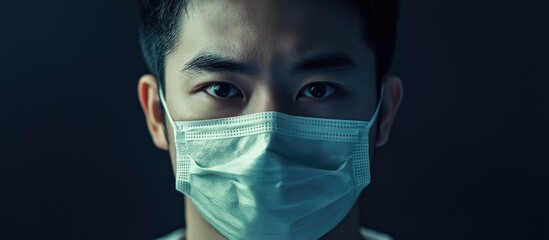 Wall Mural - Close-up portrait of a masked Asian man with strong facial features set against a dark background highlighting deep eyes and a subtle expression