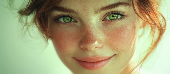 Wall Mural - Close up portrait of a woman with glowing skin and green eyes smiling softly against a light green background with a serene atmosphere and warm tones.