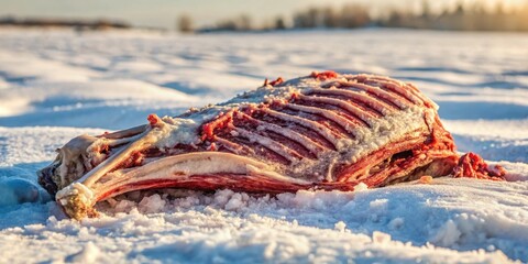 Wall Mural - Hoarfrost-covered beef carcass on a snowy field, animal, snow,  animal, snow