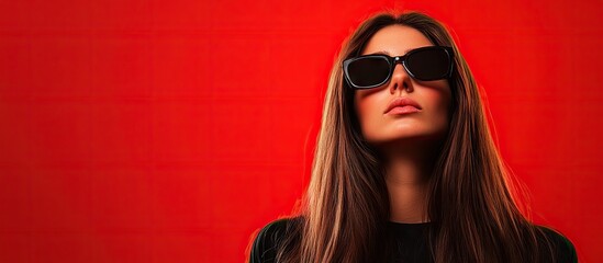 Young woman with long brown hair in black attire and sunglasses against a vibrant red background creating ample space for text and graphics