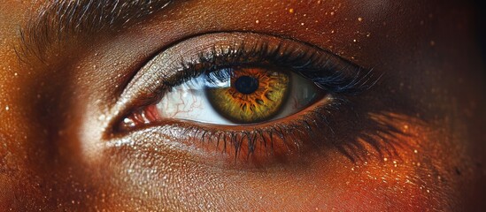 Wall Mural - Closeup of a woman's eye showcasing intricate detail with warm brown and green hues situated centrally against a softly blurred background.