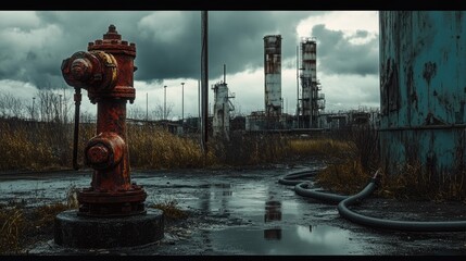 Poster - A moody industrial scene featuring a rusty fire hydrant and fire hose, with worn-down machinery and an overcast sky creating a vintage, gritty feel.
