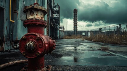 Poster - A moody industrial scene featuring a rusty fire hydrant and fire hose, with worn-down machinery and an overcast sky creating a vintage, gritty feel.