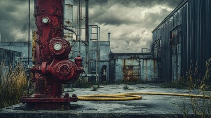 Poster - A moody industrial scene featuring a rusty fire hydrant and fire hose, with worn-down machinery and an overcast sky creating a vintage, gritty feel.