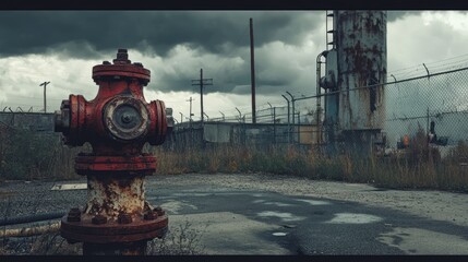 Poster - A moody industrial scene featuring a rusty fire hydrant and fire hose, with worn-down machinery and an overcast sky creating a vintage, gritty feel.