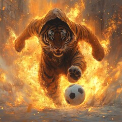 Poster - Tiger cloaked darkness leap through golden sunset kicking soccer ball surprising grace figure's intricate form hooded face create sense of both menace playfulness golden light bathe scene warm