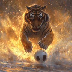 Poster - Tiger cloaked darkness leap through golden sunset kicking soccer ball surprising grace figure's intricate form hooded face create sense of both menace playfulness golden light bathe scene warm