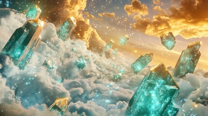 Poster - A mystical wall poster mockup with silver stars, golden clouds, and glowing blue crystals and green cubes, ideal for creative branding or art presentation.