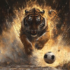 Poster - Tiger cloaked darkness leap through golden sunset kicking soccer ball surprising grace figure's intricate form hooded face create sense of both menace playfulness golden light bathe scene warm