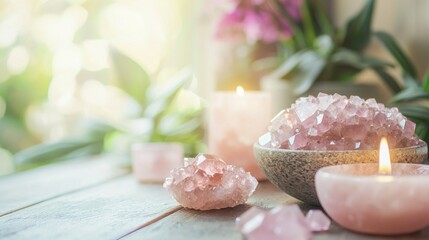 Aufkleber - A soothing arrangement features pink crystals in bowls, complemented by flickering candles and vibrant greenery. This tranquil setting invites relaxation and inner peace