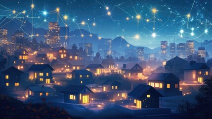 Poster - A night-time futuristic city with glowing data connections between homes and infrastructure, illustrating a smart city focused on energy efficiency and resource optimization.