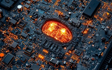 Poster - Glowing brain in circuit board; AI concept
