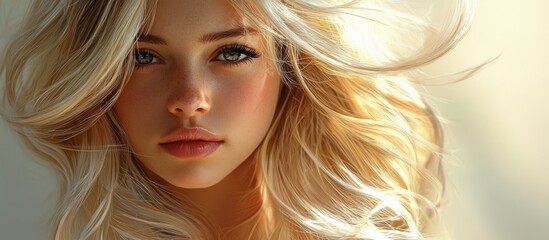 Wall Mural - Radiant blonde girl with flowing hair and flawless skin illuminated by soft light, capturing beauty and grace in a captivating portrait.