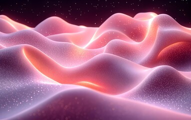 Poster - A mesmerizing abstract landscape featuring gentle, flowing waves illuminated in soft pink and orange hues, creating a dreamlike atmosphere filled with starry accents.