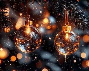 Poster - Glowing Christmas ornaments hanging on snowy tree branch