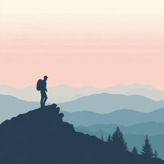 Poster - Hiker enjoying a breathtaking view from a mountain ridge during sunset in an open landscape. Generative AI