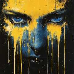 Poster - Creates ultra realistic and very high resolution 3d a painting with splashes of dripping paint in yellow and blue that form a mysterious face on black background