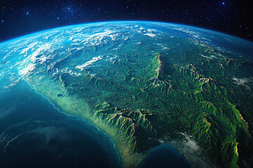 realistic photo of planet earth with south america, andes and amazon forests in view. blue space bac